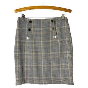 H&M black white tan plaid button sailor preppy stretchy pencil midi skirt 6